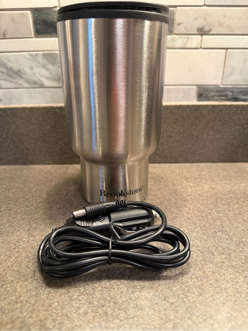 Brookstone Stainless Steel Travel Mug with Power Cord - Silver & Black